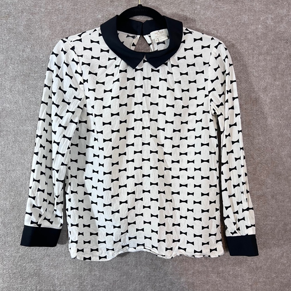Kate Spade Bow Print Blouse Womens 00 Long Sleeve Peter Pan Collar Preppy Chic